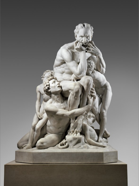 Marble group: a seated old man bites his fingers while four younger figures cling to his legs and body.