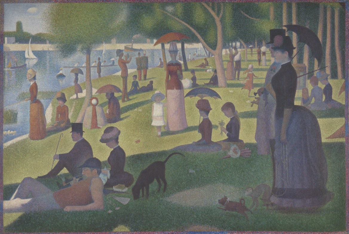Pointillist park scene by a river: strolling and seated Parisians with parasols; in the foreground a woman in a bustle dress holds a small monkey on a leash.